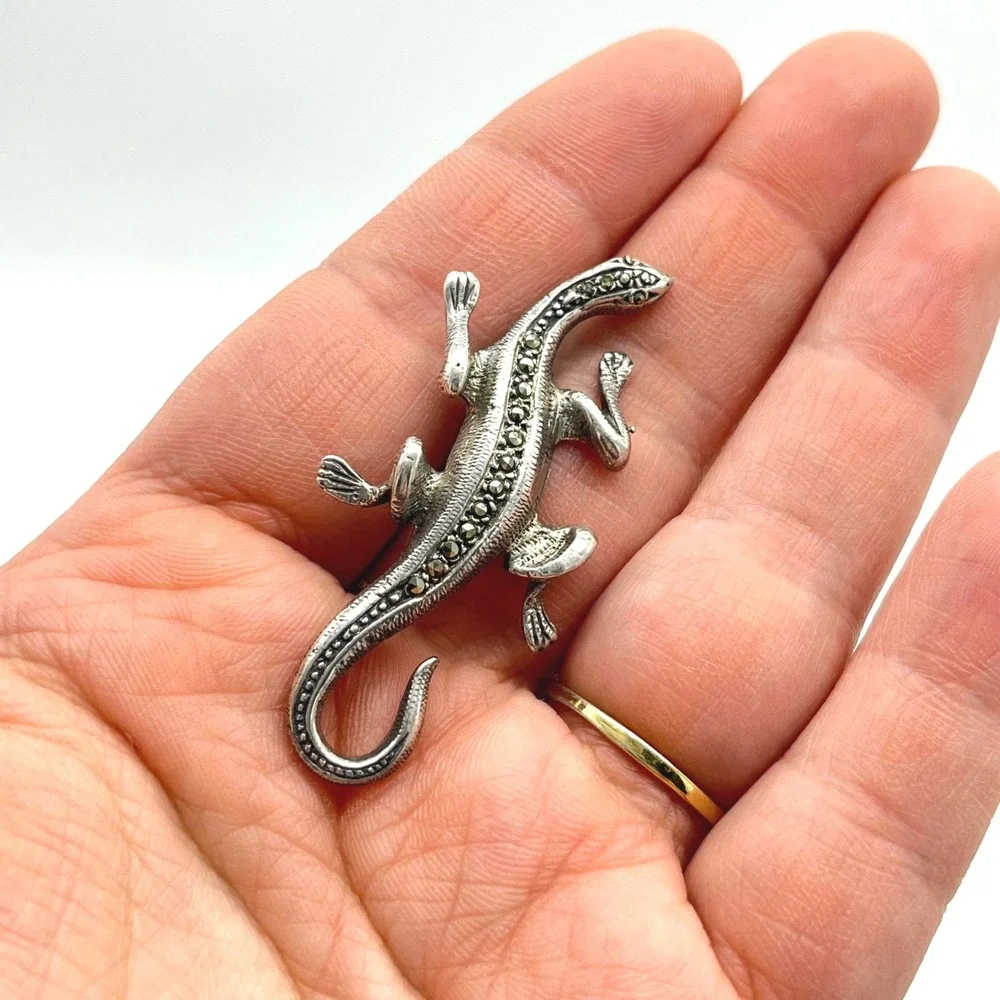 Vintage 925‎ Sterling Silver Marcasite Lizard Brooch Reptile Pin 2 Inch